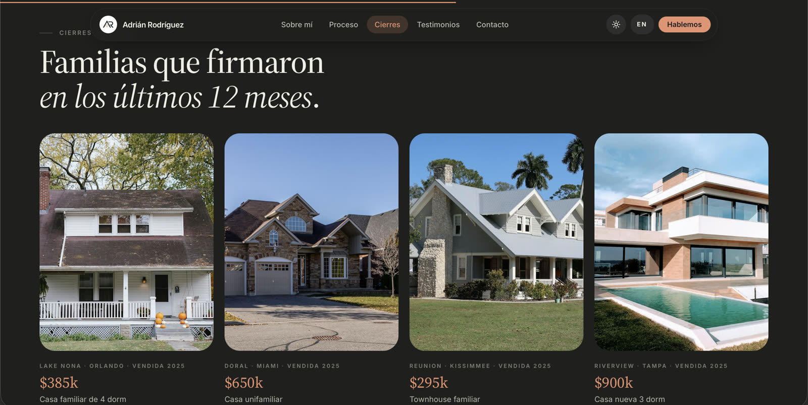 Recent closings grid (4 properties, real prices)