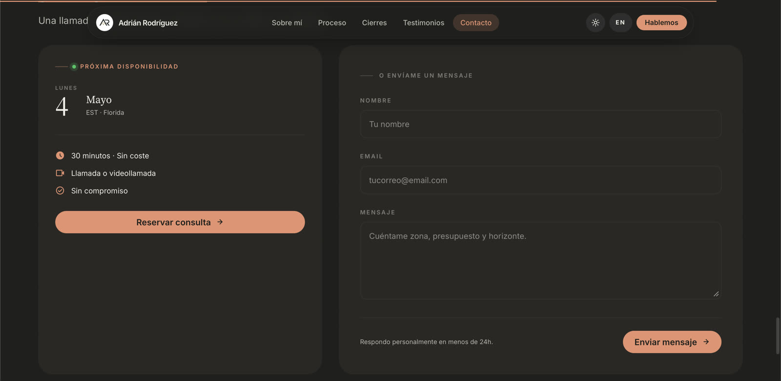 Booking + contact form
