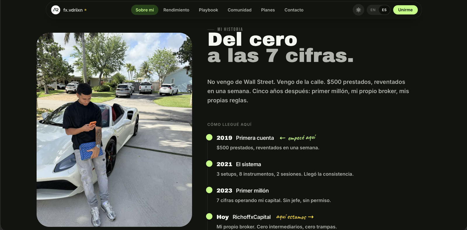 Origin story — "Del cero a las 7 cifras" timeline