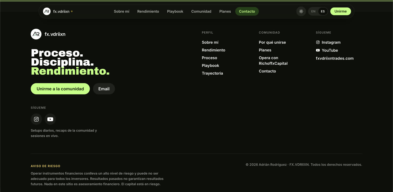 Footer — "Proceso. Disciplina. Rendimiento."